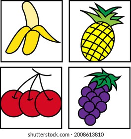 Vector illustration of four pineapples, berries, bananas and grapes, great for food and drink icons