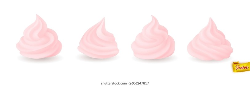 Vector illustration of four pink cream dollops arranged in a row on a white background. Ideal for dessert designs, cosmetics branding, or promotional materials. Pink cream vector concept.