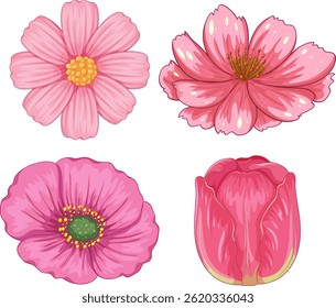 Ilustración vectorial de cuatro flores rosas con pétalos detallados y colores vibrantes, ideal para proyectos de diseño y arte digital