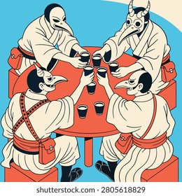 Vector Illustration of Four Plague Doctors Wearing Traditional Japanese Kimono Robes Sitting at a Round Table, Toasting with Drinks in a Minimalist Ukiyo-e Inspired Graphic Style