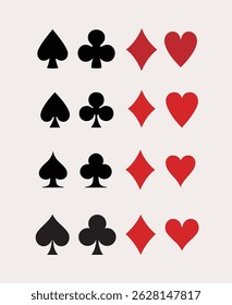 Vector illustration of four playing card suits including spade, heart, diamond, and club, in flat icon style.