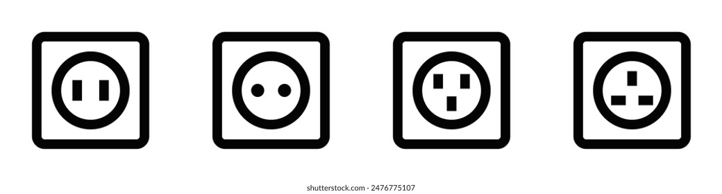 Vector illustration of four plug socket icons in black and white, suitable for electrical and home designs. Editable stroke.