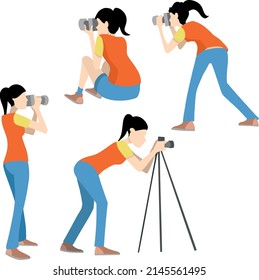 Vector illustration. Four poses of a young woman taking photos. 