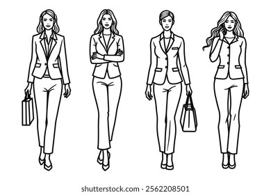 Vector illustration of four professional women in business attire, ideal for corporate, teamwork, or business-related designs