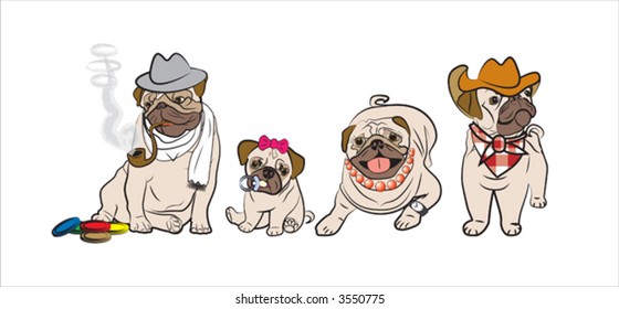 Vector illustration of four pugs