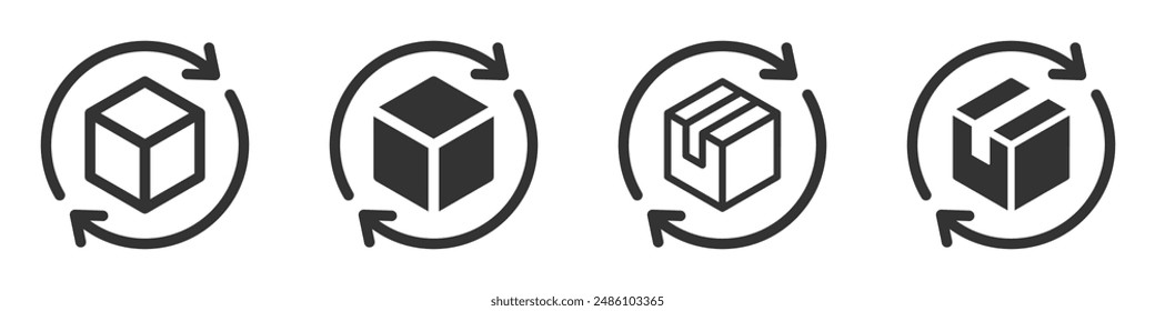 Ilustración vectorial de cuatro iconos de reciclaje y devolución de paquetes con cajas y flechas circulares. Perfecto para temas de logística, comercio electrónico y sostenibilidad.