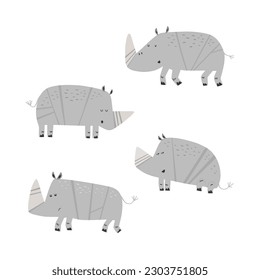 Vector illustration of four rhinos. Children's illustration flat style. Easily editable. Suitable for postcards, clothes, mugs, t-shirts, notebooks, stationery.