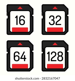 Vector illustration of four SD memory cards featuring capacities of 16, 32, 64, and 128 gigabytes.
