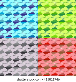 Vector Illustration. Four Seamless Abstract Geometric Patterns. Set of backgrounds of different colors. Exclusive decorations, suitable for fabrics, textile, packaging and web design.