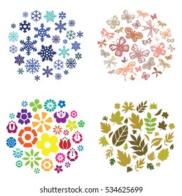 vector illustration of four seasons autumn winter spring summer background in circle shape design for each with corresponding symbols flowers leaves butterflies and snowflakes