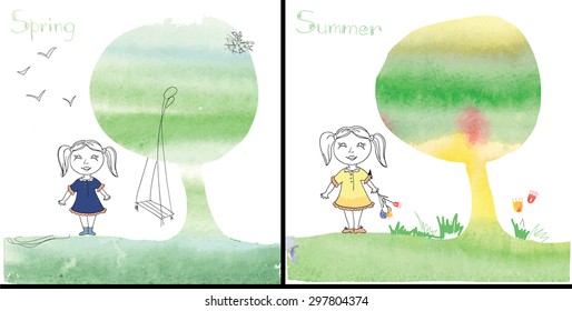 Vector Illustration of four seasons calendar. Watercolor girl with children on white background