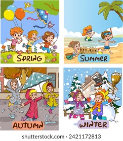 Vector illustration of Four Seasons With Cartoon Kid