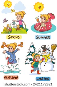 Vector illustration of Four Seasons With Cartoon Kid