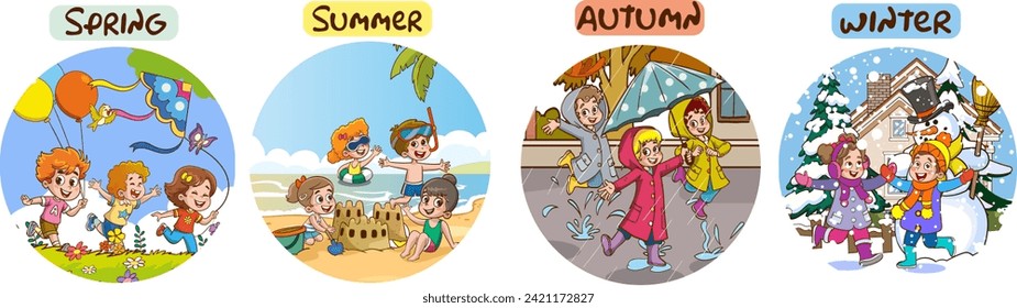 Vector illustration of Four Seasons With Cartoon Kid