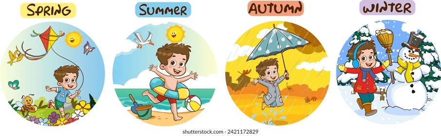 Vector illustration of Four Seasons With Cartoon Kid