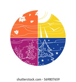 vector illustration of the four seasons in circle different colors