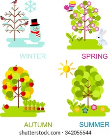 Vector illustration  with four seasons concept in flat style.
Four seasons - spring, summer, autumn, winter. 