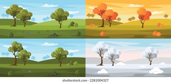 Vector illustration of the four seasons of the year. Cartoon colorful landscape with trees that grow and change throughout the year. spring, summer, autumn,winter.