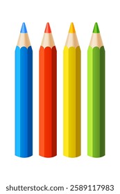 Vector illustration of four sharpened colored pencils arranged in a row, isolated on a white background