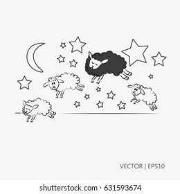 Vector Illustration. Four Sheeps Jumping. Black Sheep. Counting Sheep To Sleep. Night With Stars And Moon. Sketch. Drawing For Children. Flat Icon