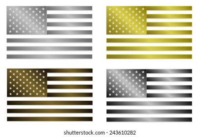 vector illustration of four simply isolated metallic flags of United States Of America in silver, gold, bronze and steel variant