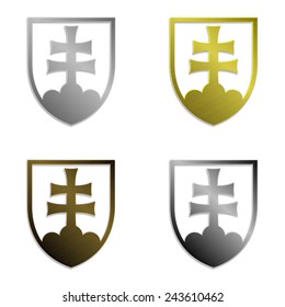 vector illustration of four simply isolated metallic emblems of Slovak republic, in silver, gold, bronze and steel variant