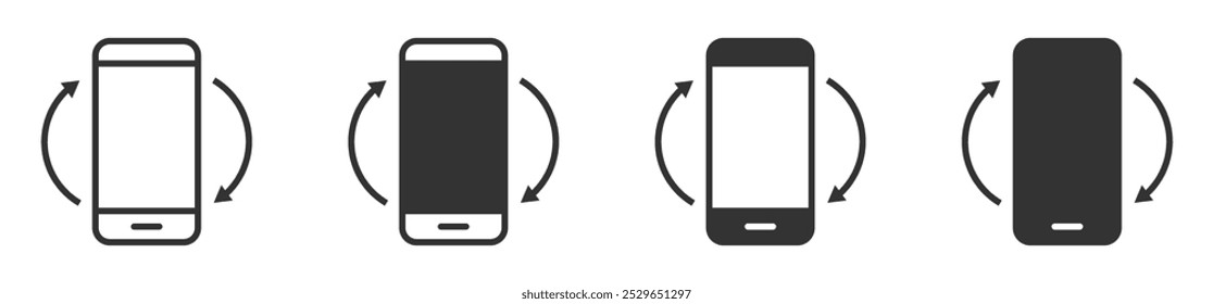 Ilustração vetorial de quatro smartphones com setas rotativas, representando mudanças de orientação da tela, navegação ou interação móvel.