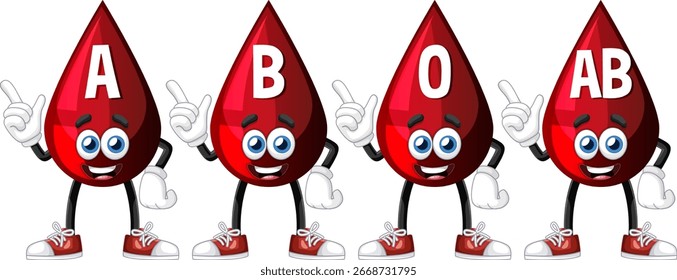 Vector illustration of four smiling cartoon blood drops labeled A, B, O, and AB, with expressive faces and red sneakers on a white background