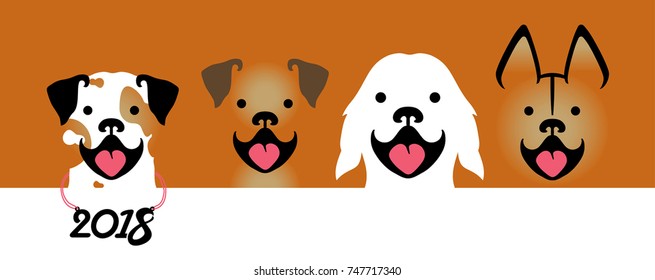 Vector illustration with four smiling dogs of different breeds. Dog smiles. Vector template for the new 2018 year.
