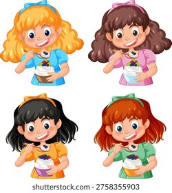 Vector illustration of four smiling girls enjoying yogurt bowls, colorful outfits, bright cheerful style