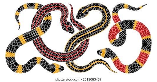 Vector illustration of four snakes intertwined in the shape of number 2025. Isolated serpent silhouette design combined as numeric symbol for 2025 Chinese New Year celebration with snake zodiac sign.