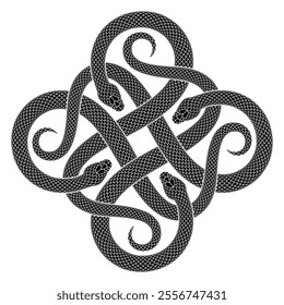 Vector illustration of four snakes intertwined in form of cross symbol. Black serpent silhouette in square shape. Isolated  tattoo design.