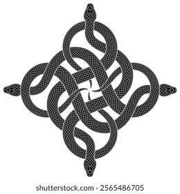 Vector illustration of four snakes knotted in form of cross symbol. Black serpent silhouette in square shape. Isolated  tattoo design.