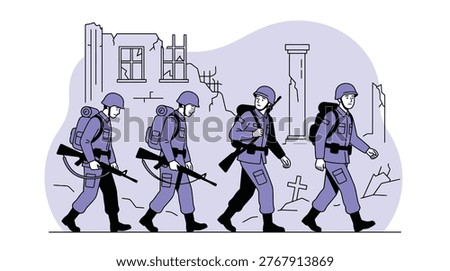 Vector illustration of four soldiers walking through a post-apocalyptic ruined city landscape, showing destruction, debris, and the aftermath of a war