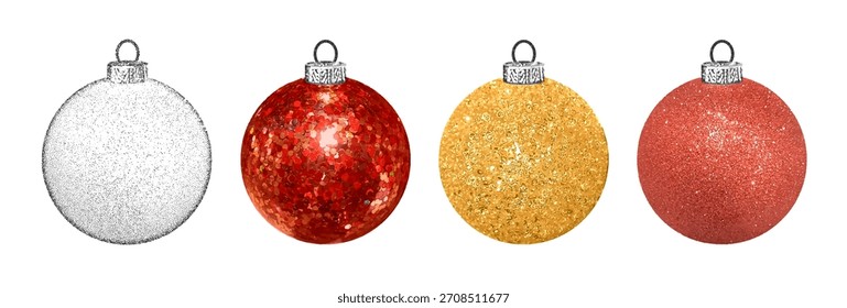 Ilustración vectorial de cuatro adornos de Navidades brillantes en brillo y punteado