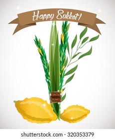 Vector illustration of four species - palm, willow, myrtle , lemon - symbols of Jewish holiday Sukkot (Feast of Tabernacles). 