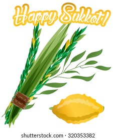 Ilustração vetorial de quatro espécies - palmeira, salgueiro, murta, limão - símbolos do feriado judaico Sucot (Festa dos Tabernáculos). 