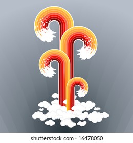 Vector illustration of four splashy lined art design elements exploding from a group of clouds.