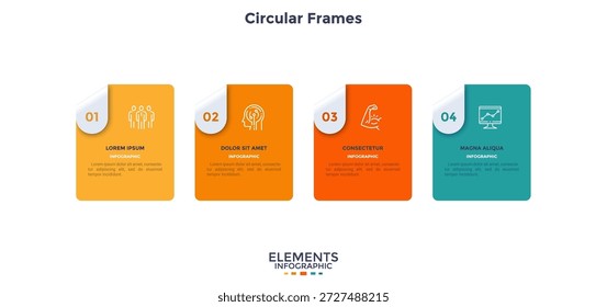 Ilustração vetorial com quatro quadros de papel quadrado com rótulos e ícones numerados. Modelo de negócios infográfico moderno, gráfico de apresentação de slides para exibição de informações.