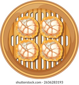 Vector illustration of four steamed dumplings in a bamboo basket. Bright colors and detailed textures enhance the appetizing appearance