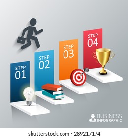Vector illustration of the four steps to success with lightbulb, books, pen, target and the trophy cup. Can be used for infographic, banner, diagram, step up options.