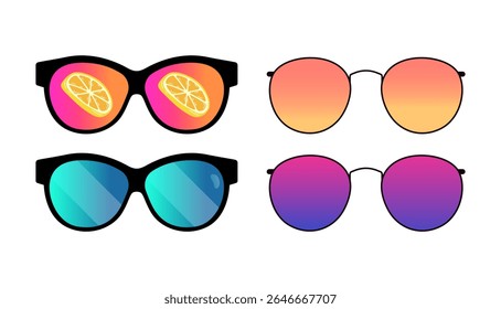 Ilustração vetorial de quatro elegantes óculos de sol de verão com lentes de gradiente vibrante e reflexos frutados. Acessórios de praia modernos perfeitos para moda de verão, férias e temas de design tropical.