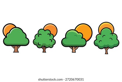 Ilustración vectorial de cuatro árboles estilizados con follaje verde y troncos marrones, acompañados de un sol naranja brillante sobre un fondo blanco limpio. Ideal para diseños, iconos y proyectos ambientales relacionados con la naturaleza.