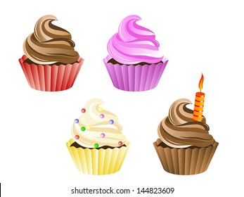 Vector illustration of four sweet birthday cupcakes