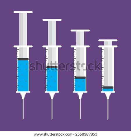 Vector illustration of four syringes with blue liquid, clear markings, and sharp needles. Ideal for medical, healthcare, and vaccination themes.