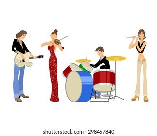 Vector illustration of a four teenagers musicians