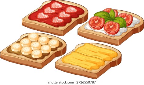 Vector illustration of four toast slices with strawberry jam, tomato basil, banana, and honey
