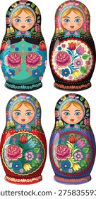 Vector illustration of four traditional Russian matryoshka dolls with vibrant floral folk art patterns.