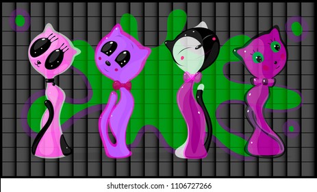 Vector illustration of four transparent transparent cartoon cute lovely colorful colorful cats design concept of perfume bottles on a background with abstract pattern isolates