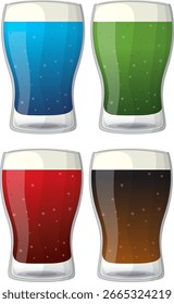 Ilustração vetorial de quatro copos transparentes cheios de bebidas gasosas azuis, verdes, vermelhas e marrons. Estilo limpo e plano com bolhas sutis